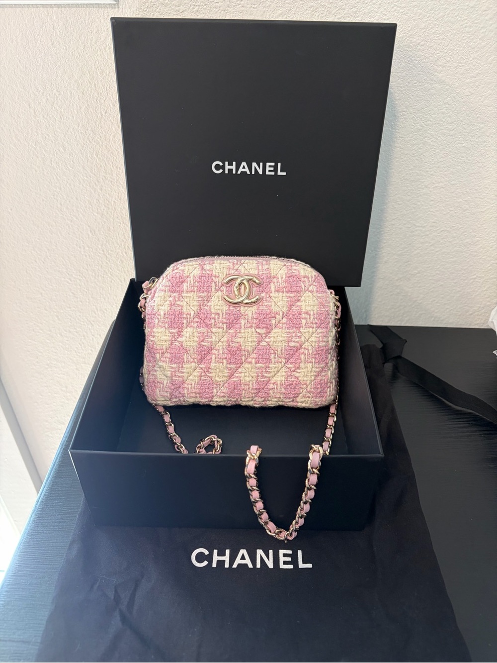 CHANEL Pink and White Tweed Quilted Mini Clutch With Chain